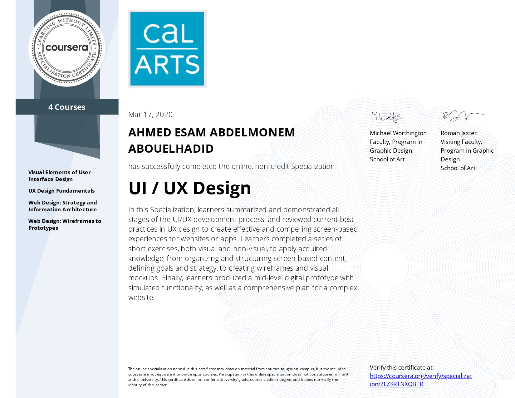 UI/UX Design Specialization – CalArts certificate