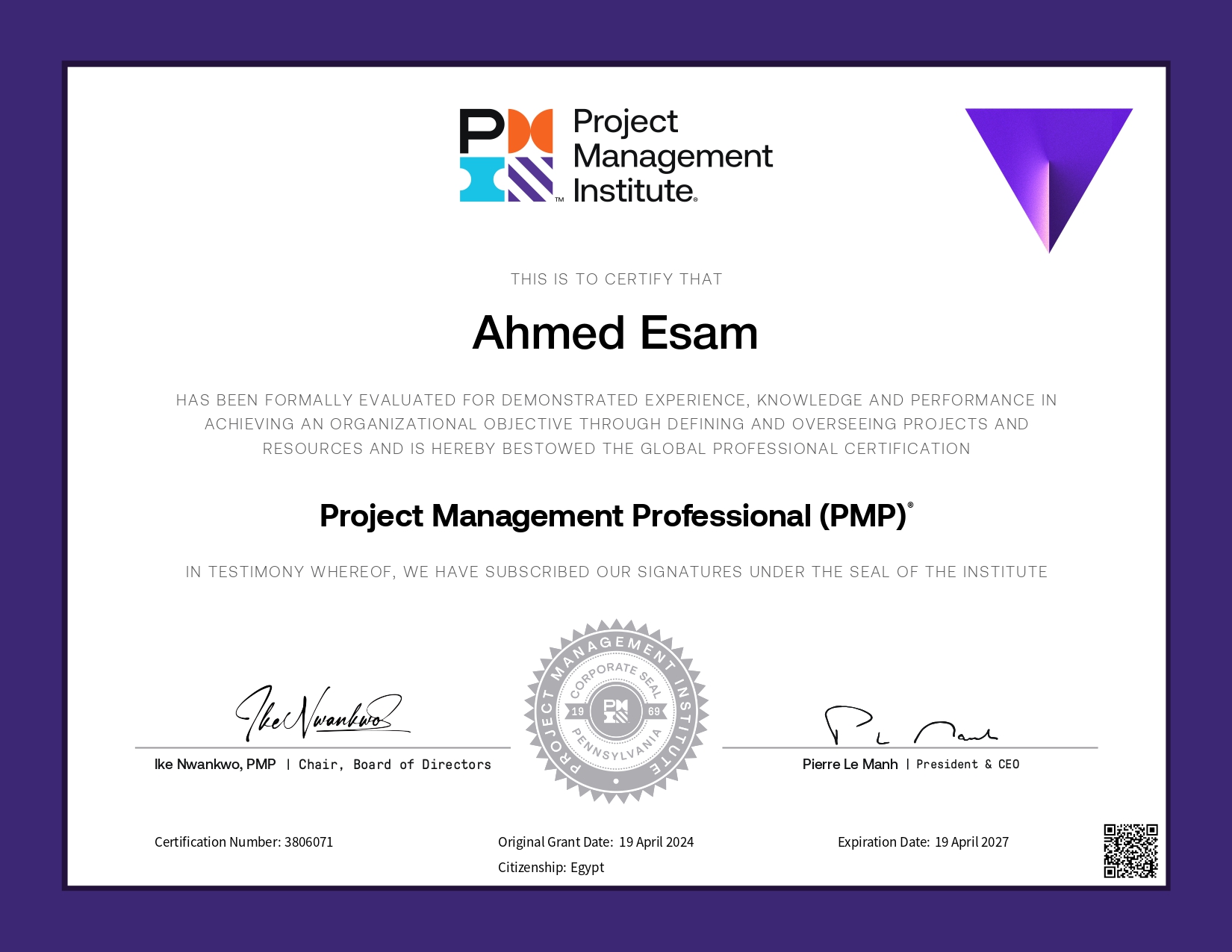 Project Management Professional (PMP) certificate